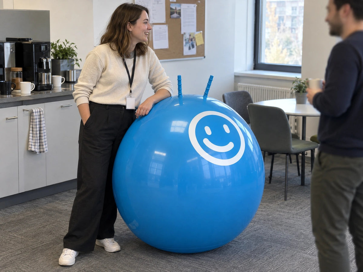 Blue hopper ball with a custom white smiley print, in an office kitchen