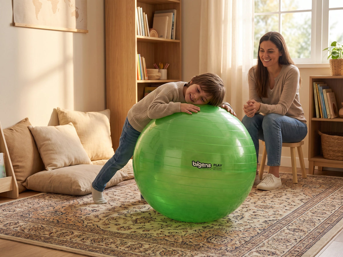 A child leaning on a green Bigens Play Ball in a cosy living room while a parent watches and smiles